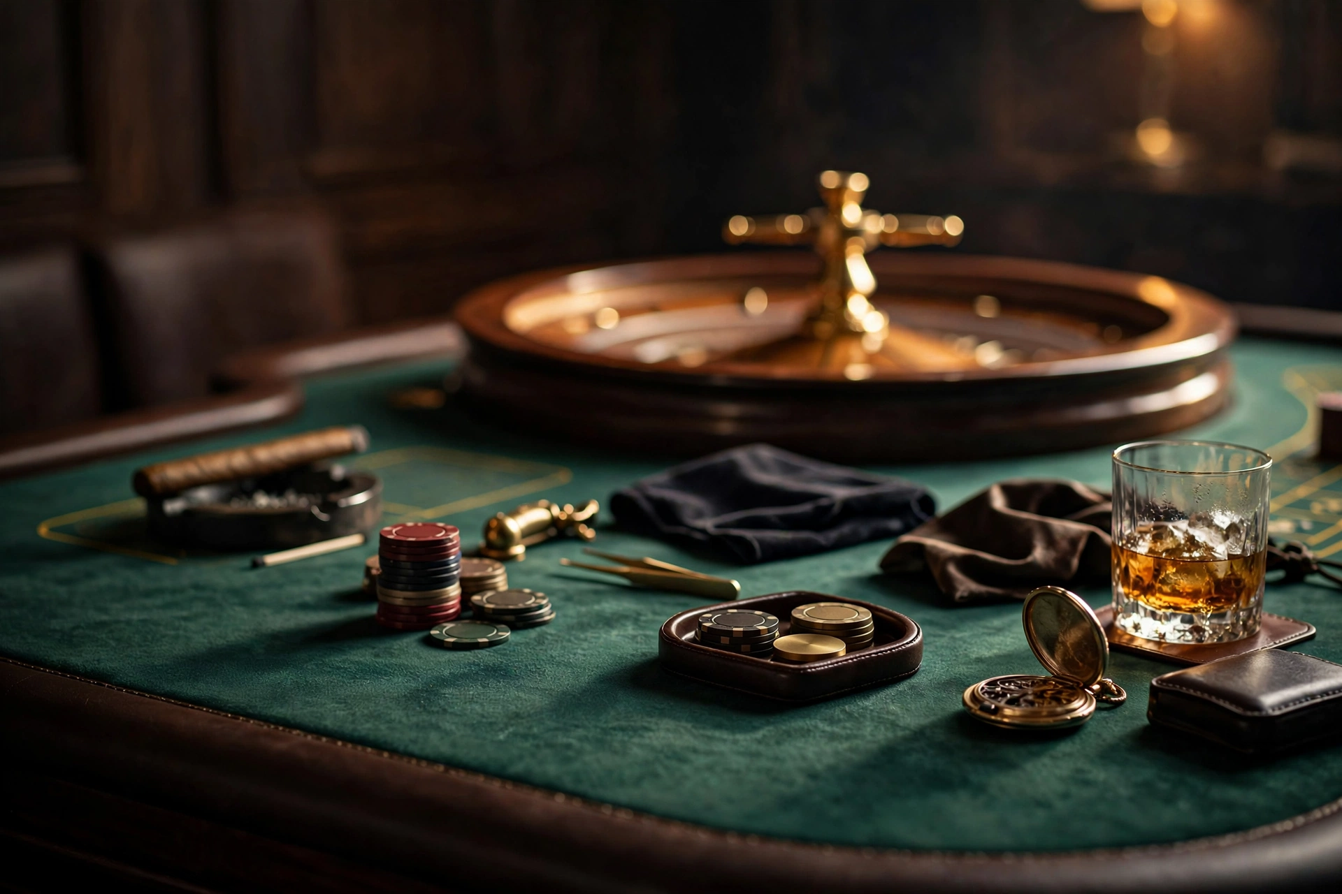 Roulette asztal zsetonokkal és itallal